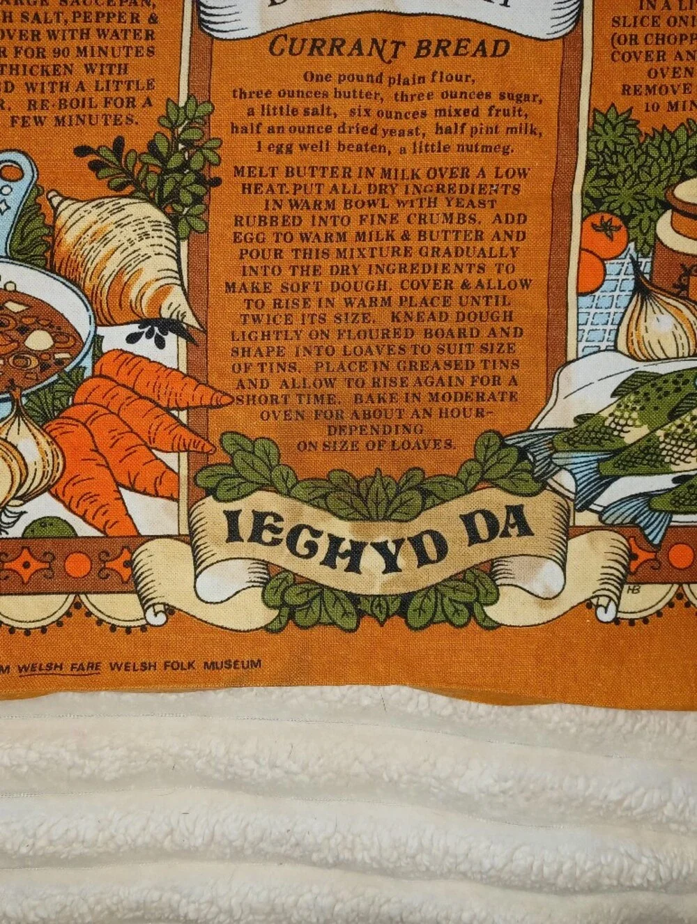 Vintage Traditional Welsh Recipes Cotton Tea Towel Orange Multicolor